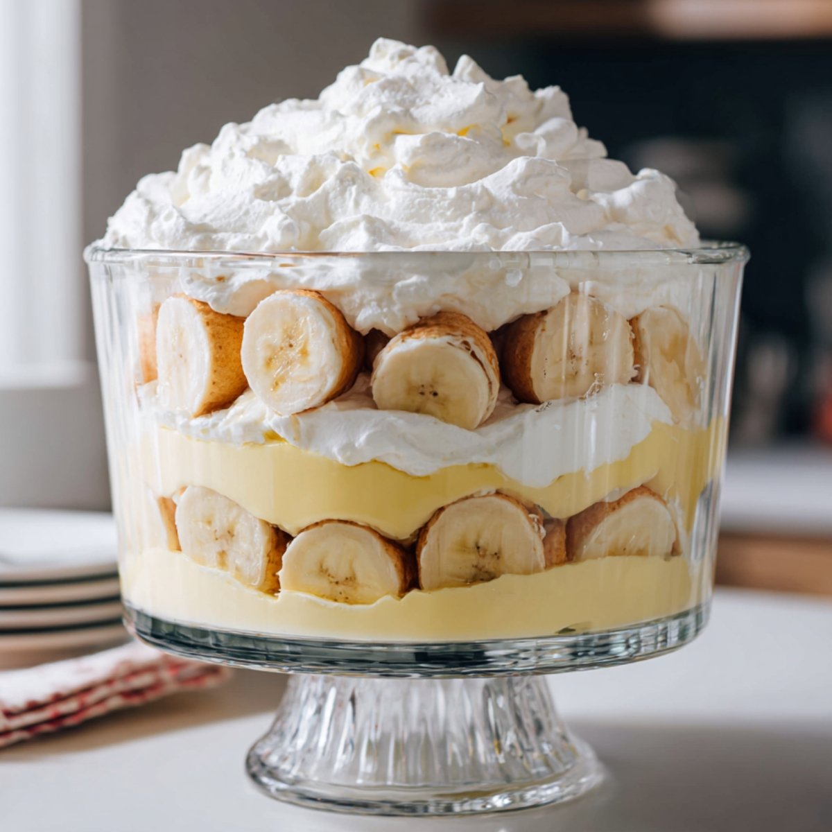 A clear glass trifle dish showing neatly layered banana pudding with sliced bananas, creamy vanilla custard, and fluffy whipped cream stacked in beautiful layers, placed on a kitchen counter.