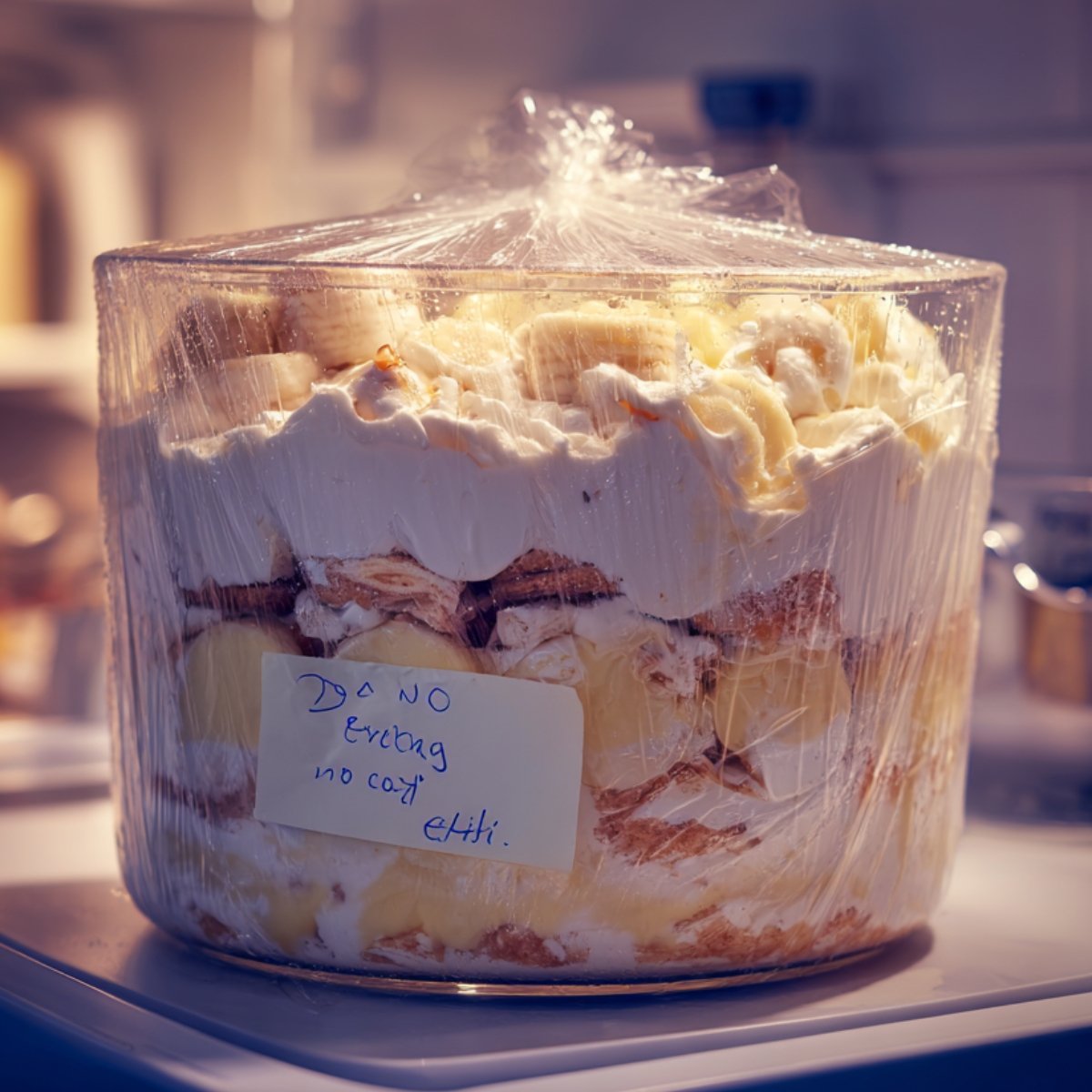 A large trifle dish filled with banana pudding, layered with whipped cream, bananas, and vanilla wafers, tightly covered with plastic wrap and placed in a refrigerator. A handwritten note on the side reads "Do not eat!"