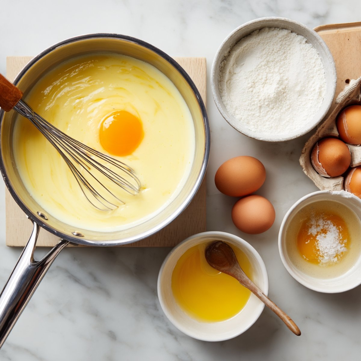 A saucepan filled with creamy custard in the making, with a raw egg yolk being whisked in. Surrounding the pot are baking ingredients like flour, eggs, melted butter, and sugar, staged for banana pudding prep.