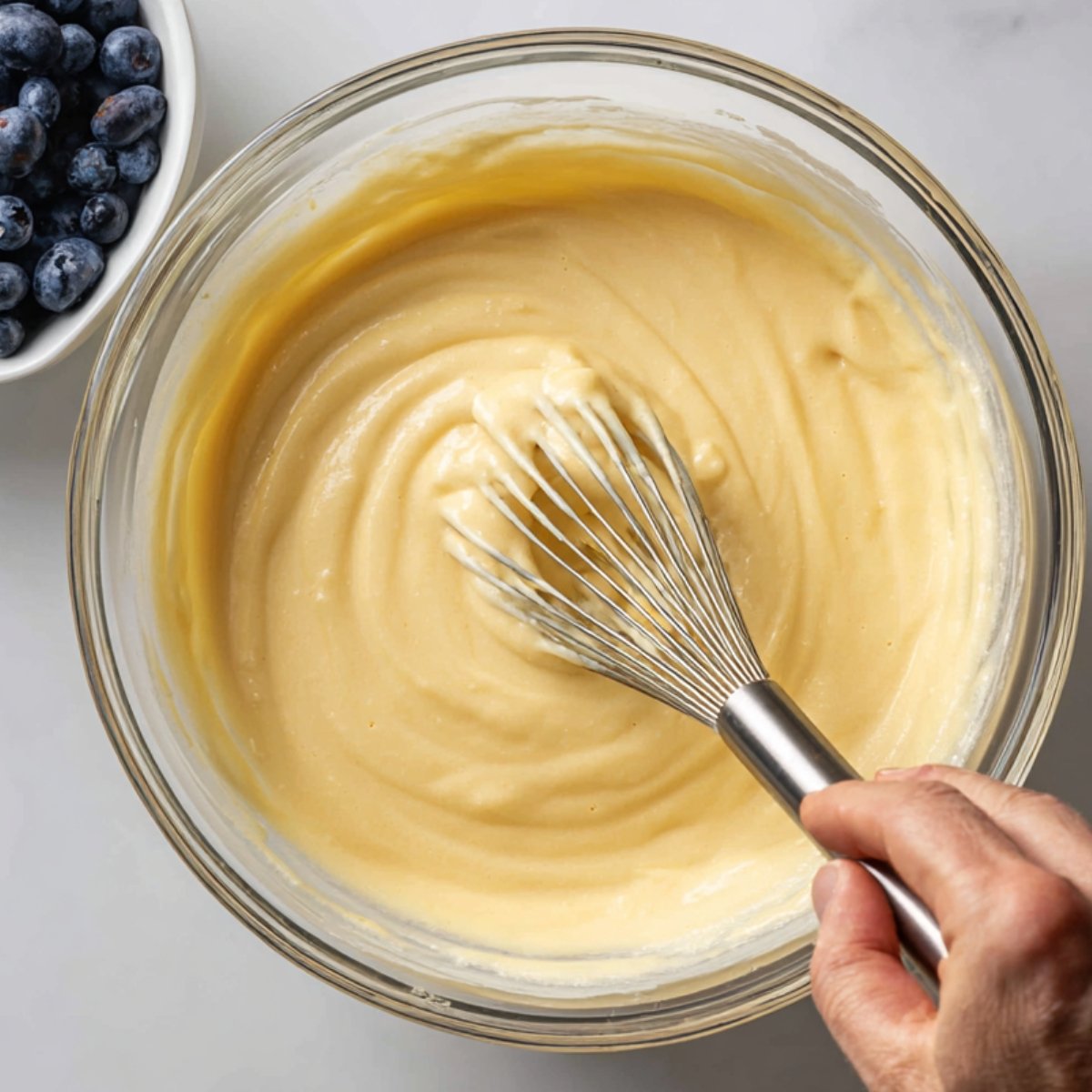 Overhead view of a glass mixing bowl containing smooth, glossy yellow batter, a whisk resting inside, with a bowl of fresh blueberries peeking into the frame.