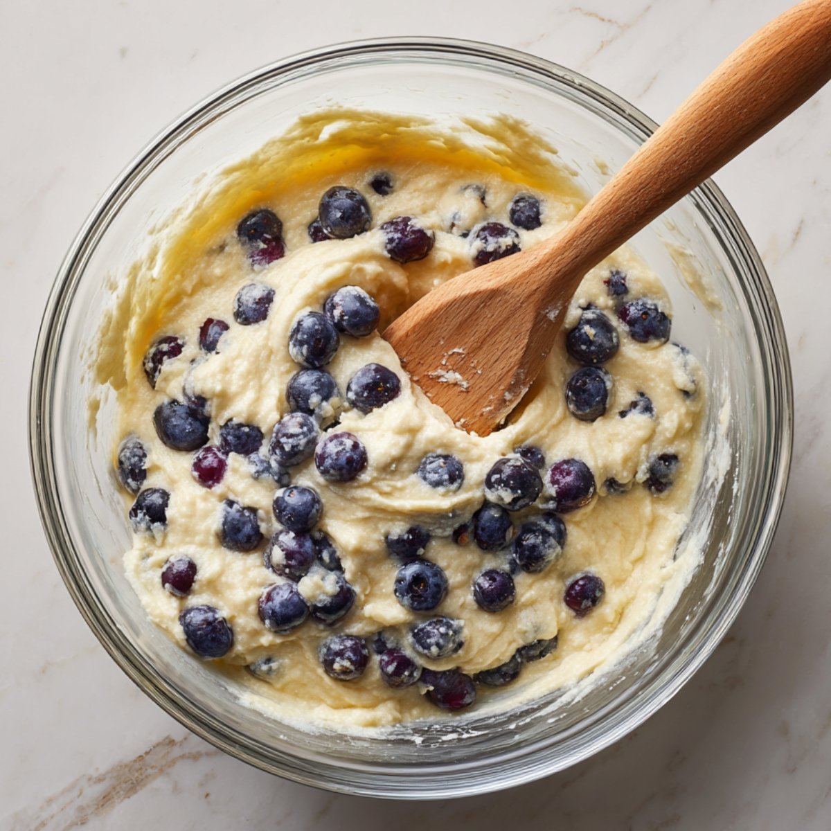Close‑up of a clear glass bowl on a white surface: pale yellow muffin batter mixed with plump blueberries, being stirred by a wooden spatula.