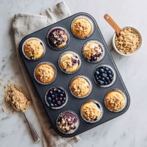 Overhead shot of a 12‑cup muffin tin lined with white paper cups: golden blueberry muffins crowned with crumbly brown‑sugar streusel, alongside two empty cups filled with fresh blueberries and a small bowl of extra streusel on a light marble countertop.