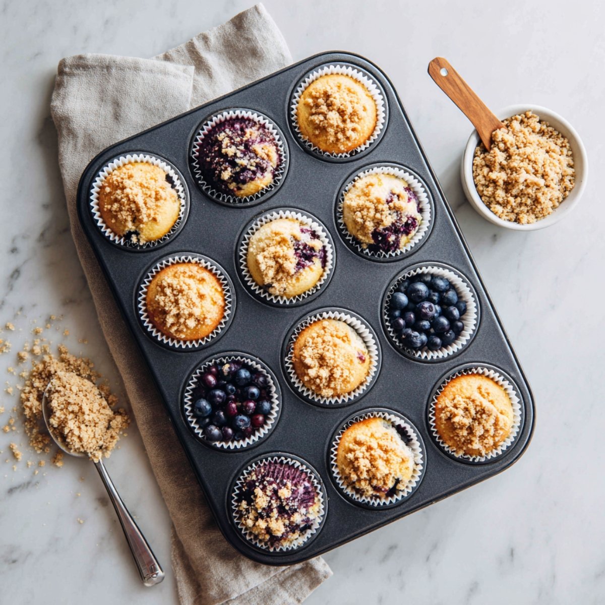 Overhead shot of a 12‑cup muffin tin lined with white paper cups: golden blueberry muffins crowned with crumbly brown‑sugar streusel, alongside two empty cups filled with fresh blueberries and a small bowl of extra streusel on a light marble countertop.