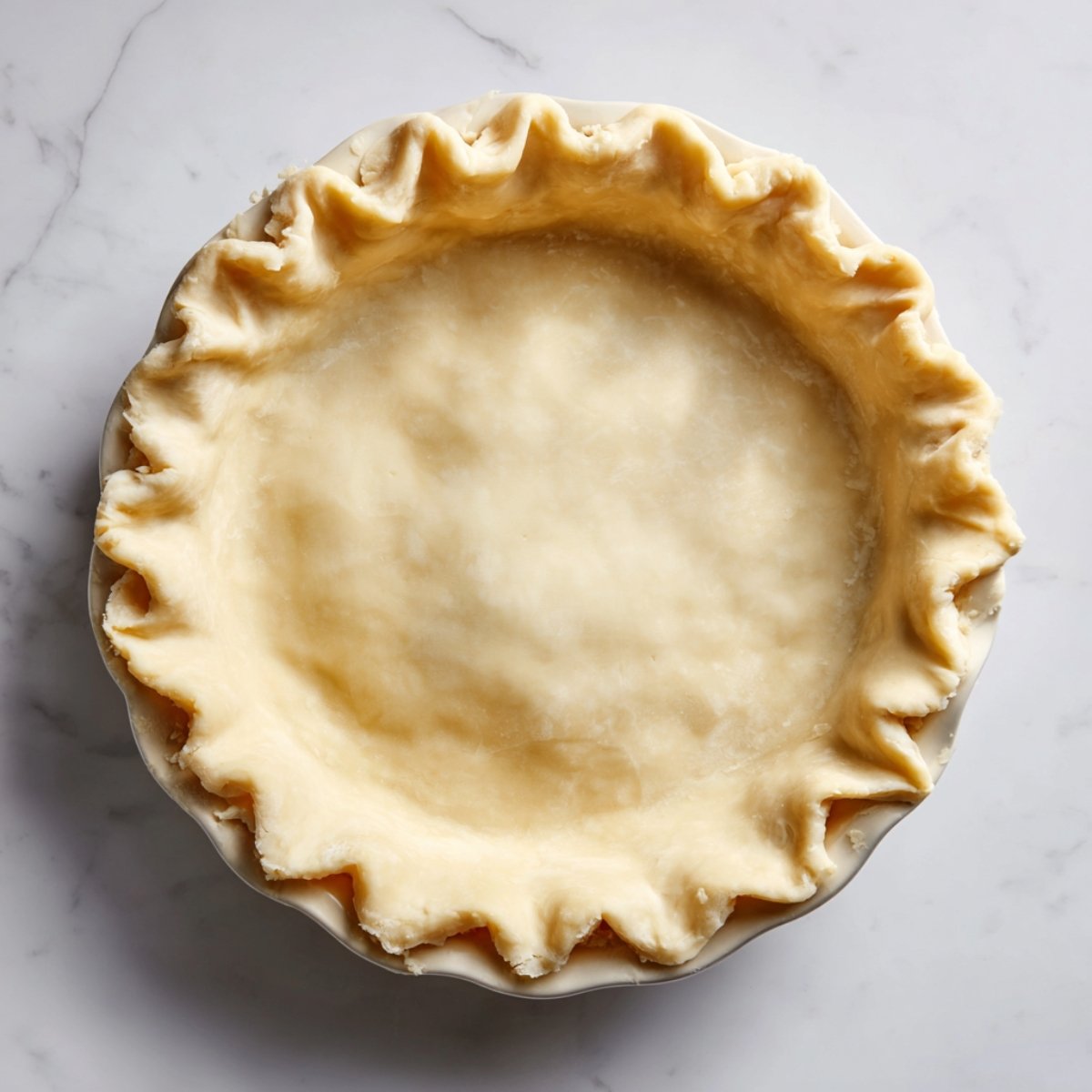 Overhead view of a round pie dish lined with raw, rolled‑out pastry dough. The edges are neatly crimped around the rim, and the pale dough sits on a white marble surface ready for filling.