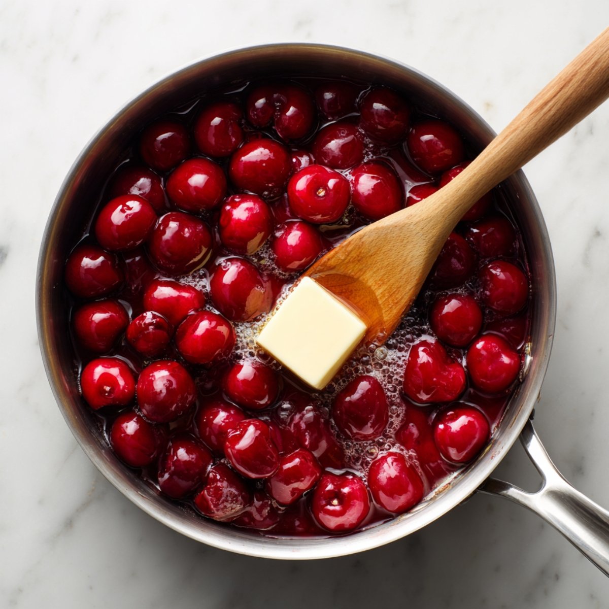 High‑resolution overhead shot of a stainless‑steel saucepan on a white marble countertop. Bright red cherries simmer in their juices as a wooden spatula holds a cube of butter melting in the center.