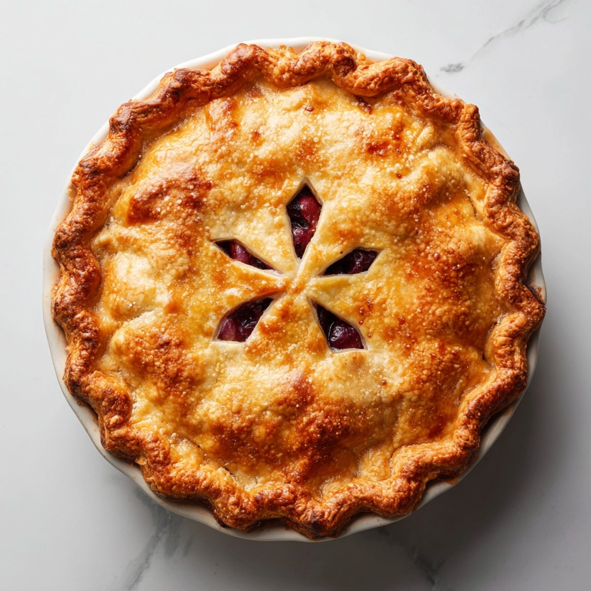 Overhead view of a freshly baked cherry pie in a white ceramic dish. The top crust is golden brown with fluted edges, and six star‑shaped vent slits at the center reveal a peek of glossy red cherry filling beneath.