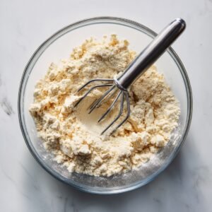 High‑resolution overhead shot of a clear glass mixing bowl on a white marble countertop. Inside is a coarse, crumbly mixture of flour, sugar, and cold butter cut in, with a stainless‑steel pastry blender resting at the rim