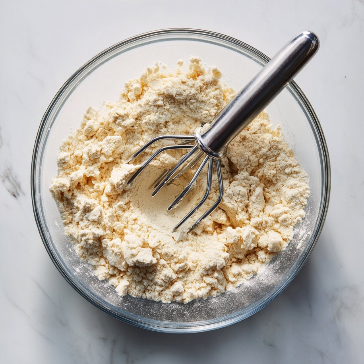 High‑resolution overhead shot of a clear glass mixing bowl on a white marble countertop. Inside is a coarse, crumbly mixture of flour, sugar, and cold butter cut in, with a stainless‑steel pastry blender resting at the rim