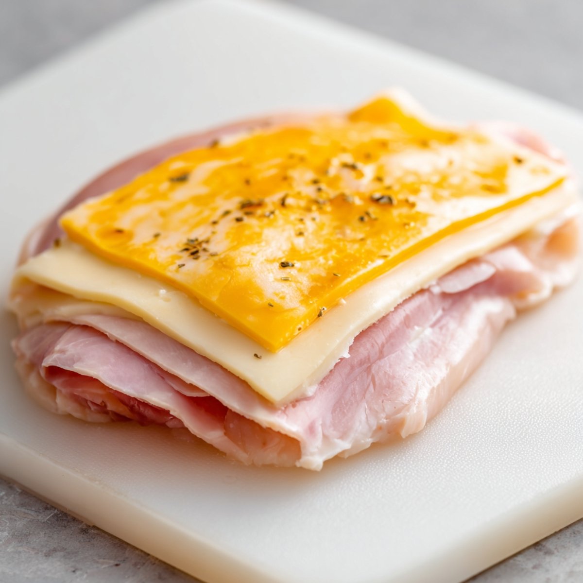Close‑up of a single butterflied chicken breast topped with layers of deli ham and Swiss cheese on a white cutting board.