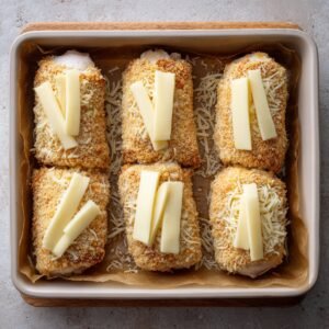 A hand placing four panko‑coated, toothpicked chicken rolls into a white baking dish beside a small bowl of breadcrumbs.