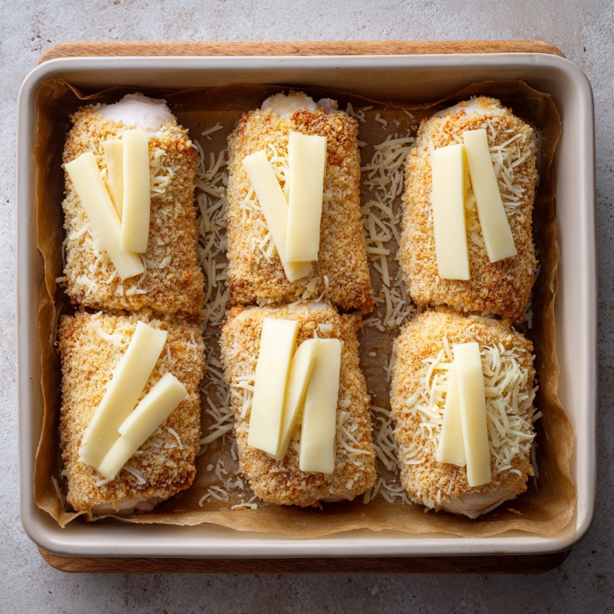 A hand placing four panko‑coated, toothpicked chicken rolls into a white baking dish beside a small bowl of breadcrumbs.