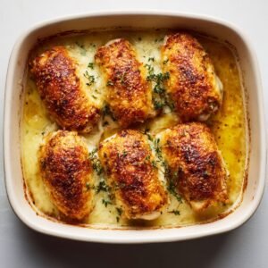 Overhead shot of six breadcrumb‑crusted chicken roulades in a baking pan, each topped with strips of Swiss cheese and a sprinkle of shredded cheese.
