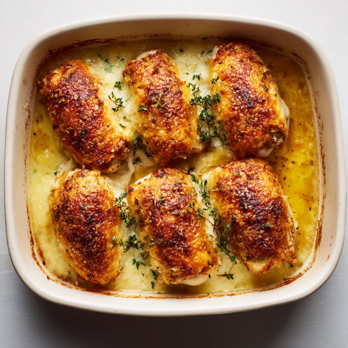 Overhead shot of six breadcrumb‑crusted chicken roulades in a baking pan, each topped with strips of Swiss cheese and a sprinkle of shredded cheese.