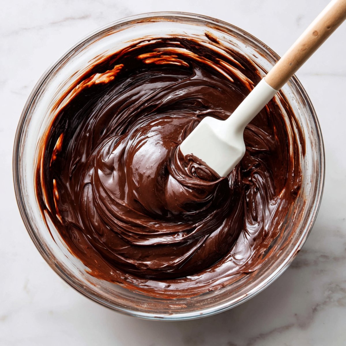 Overhead view of a glass bowl containing light-colored cookie dough generously studded with semi‑sweet chocolate chips and a white spatula.