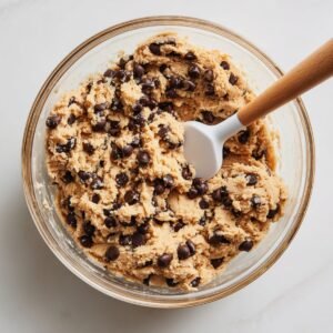 A clear glass mixing bowl on a white countertop filled with glossy, rich chocolate batter, with a white silicone spatula partially submerged in it.
