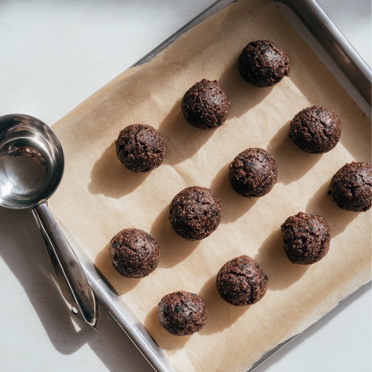 A metal baking tray lined with parchment paper holding neat rows of dark chocolate cookie dough balls, and a silver cookie scoop resting in the top left corner.
