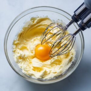 A glass bowl on a light surface showing creamed butter and sugar with an unbroken egg yolk in the center, and a hand mixer’s beaters inserted into the mixture.