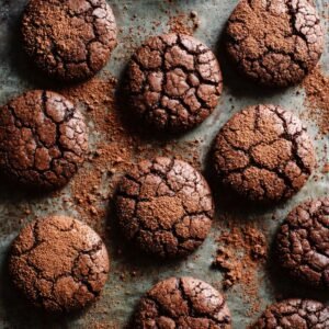 Several round, cracked chocolate brownie cookies scattered on white parchment paper atop a baking sheet, with circular smudges of cocoa powder around each cookie.