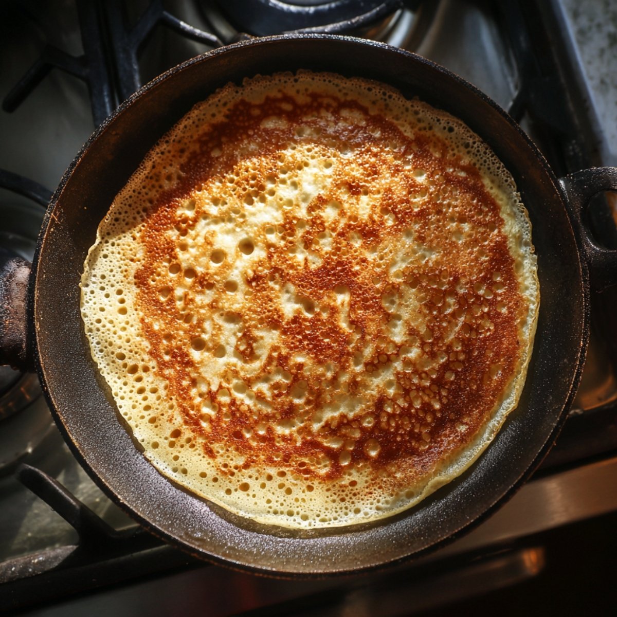 Clear Pyrex measuring cup on a white marble countertop, filled to the two‑cup mark with smooth, slightly frothy crepe batter.