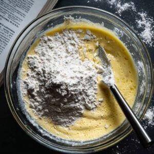 Overhead view of a clear glass mixing bowl on a dark countertop next to an open cookbook, containing pale yellow crepe batter with a mound of white flour on one side and a metal spatula resting in the mixture