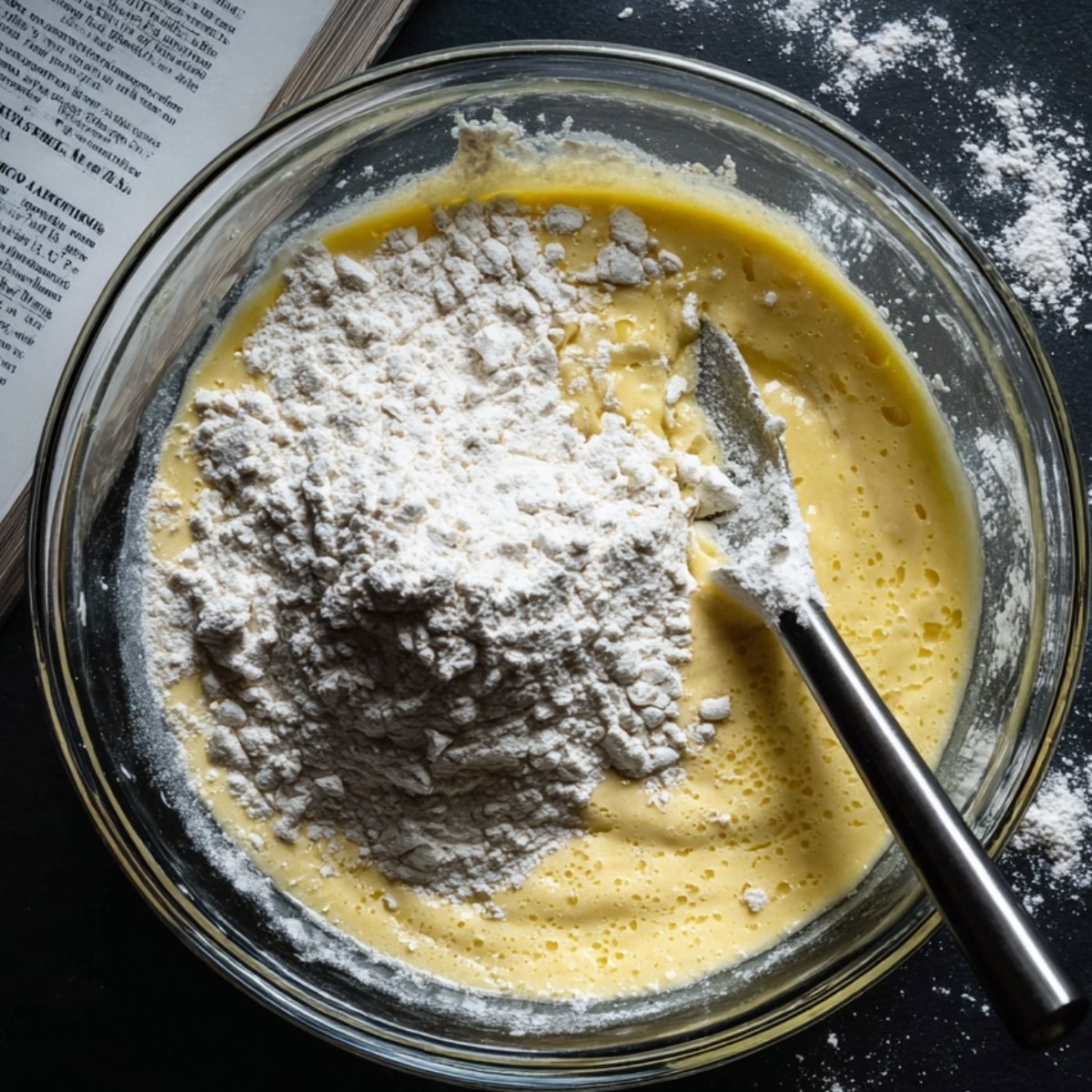 Overhead view of a clear glass mixing bowl on a dark countertop next to an open cookbook, containing pale yellow crepe batter with a mound of white flour on one side and a metal spatula resting in the mixture