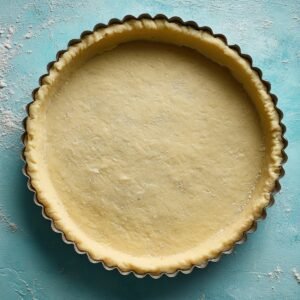 Unbaked tart shell pressed into a fluted pan on a textured turquoise surface.