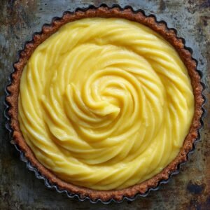 Baked crust filled with glossy lemon curd swirled in a spiral, sitting on a worn metal sheet pan.