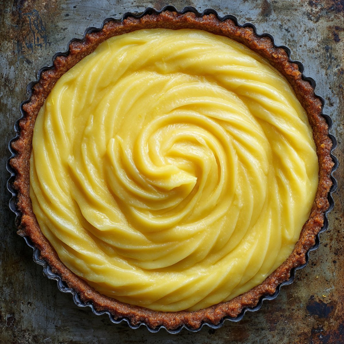 Baked crust filled with glossy lemon curd swirled in a spiral, sitting on a worn metal sheet pan.