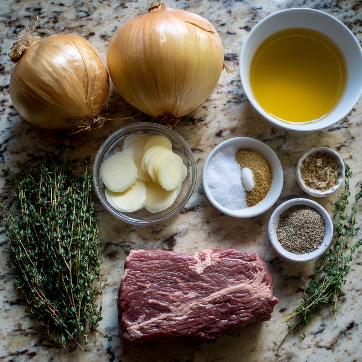 A marble countertop neatly arranged with two whole yellow onions, a bowl of melted unsalted butter, fresh thyme sprigs, peeled onion slices in a glass dish, and small bowls holding kosher salt, onion flakes, and freshly ground black pepper, plus a bowl of rich beef broth.