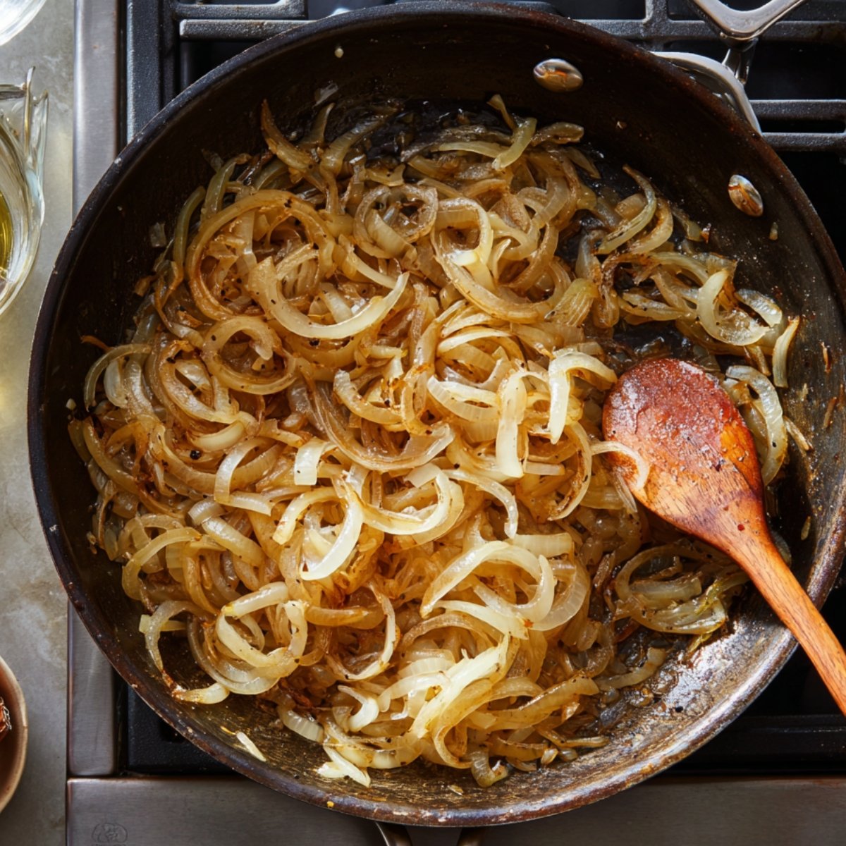 An overhead view of a well‑seasoned skillet on a gas burner, packed with thin, amber‑hued caramelized onion rings and a wooden spoon; to the side sits a small glass of white wine and a few shallots waiting to deglaze the pan.