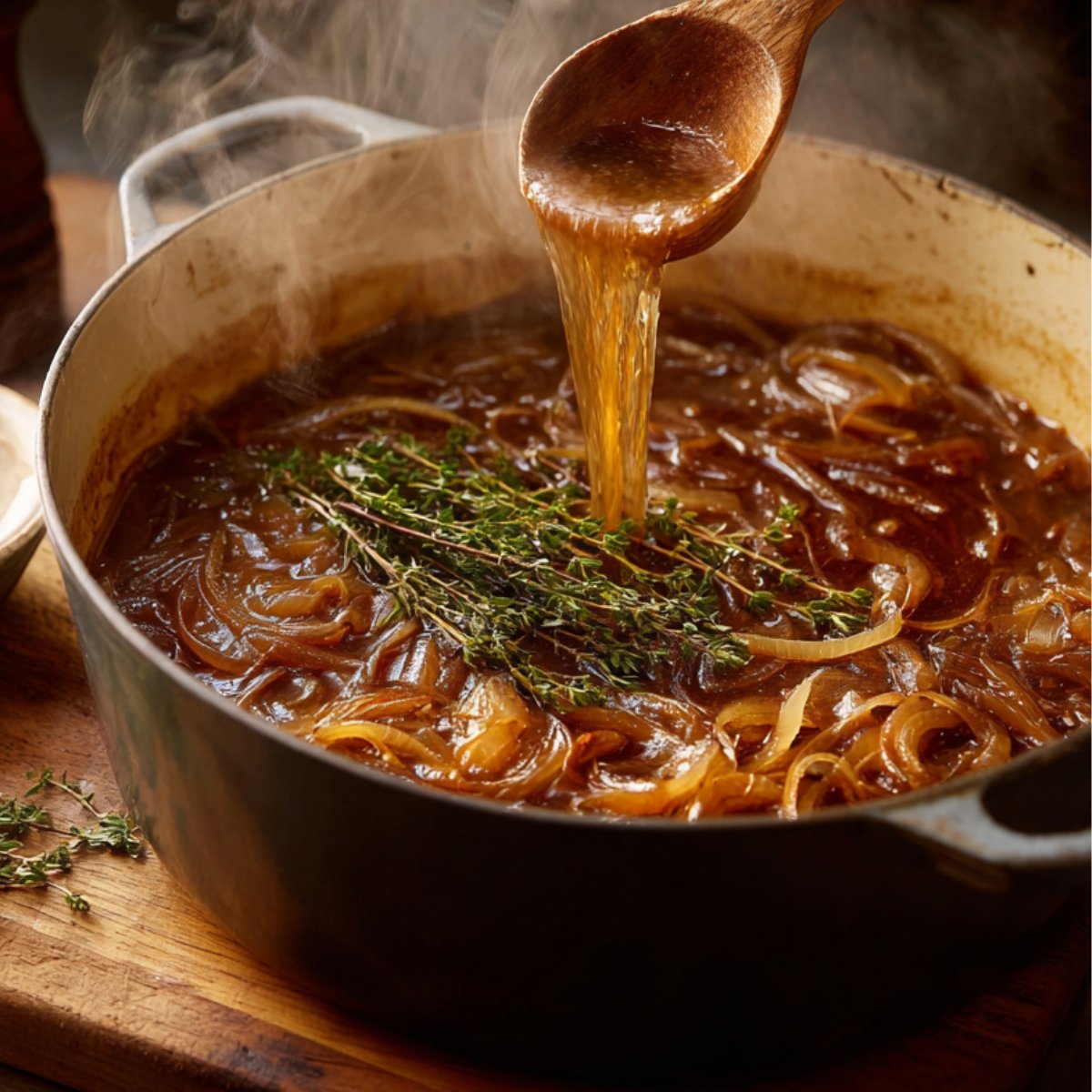 A heavy enameled stockpot on a wooden board filled with deep‑brown caramelized onions and a tied bundle of thyme and bay leaves, while a wooden ladle pours rich beef broth into the pot under a swirl of rising steam.