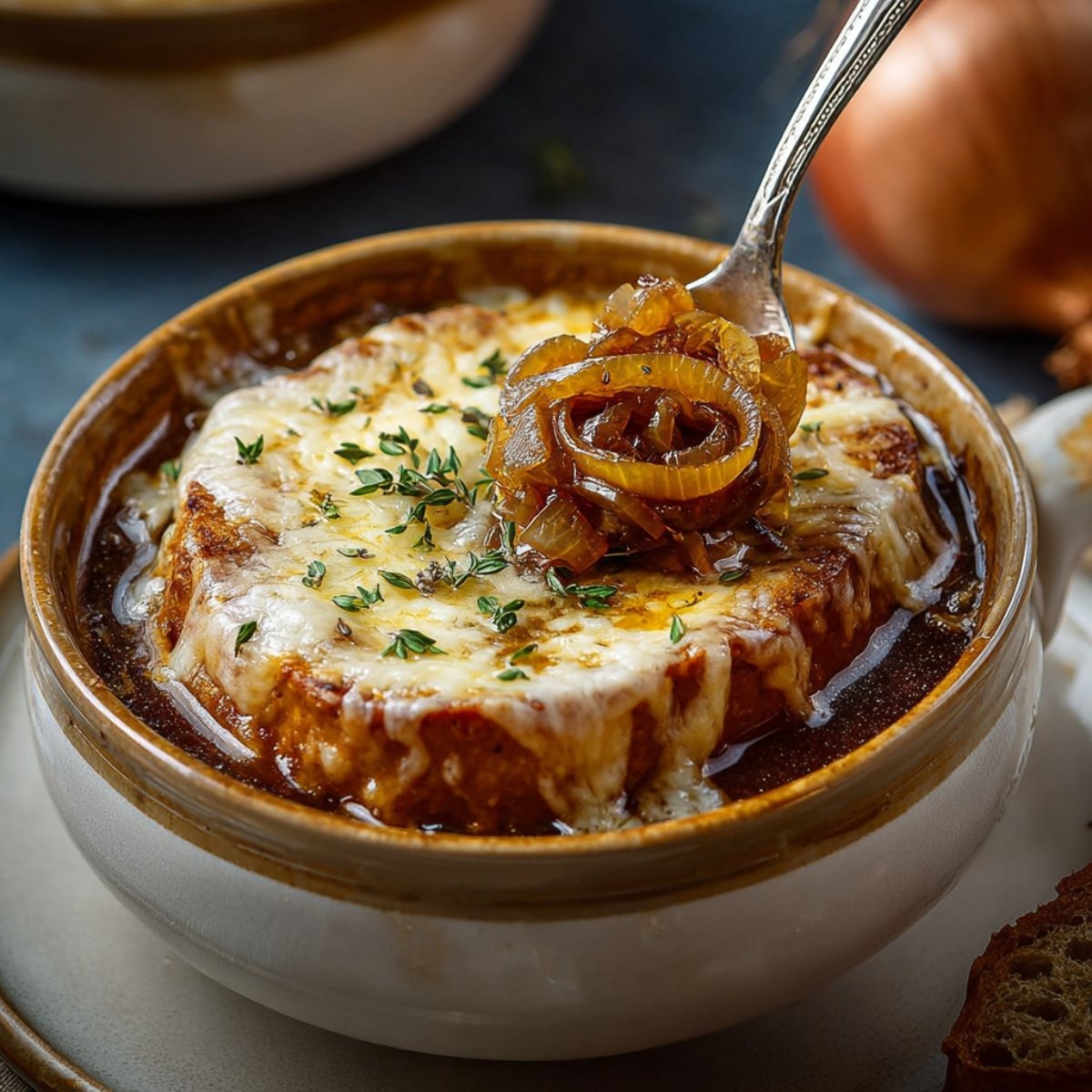 A rustic ceramic bowl of French onion soup topped with melted gruyère, as a silver spoon lifts a nest of glossy, caramelized onion slices garnished with fresh thyme above the cheesy brothy surface.