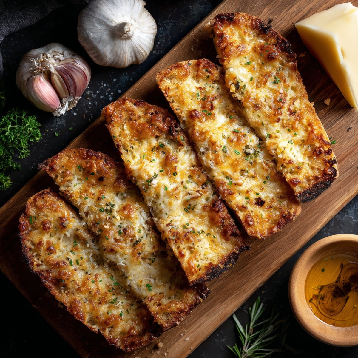 Four slices of day‑old baguette on a wooden board, each smothered in melted Gruyère cheese and sprinkled with chopped parsley, with garlic bulbs, a chunk of cheese, and a side dish of olive oil in the background.