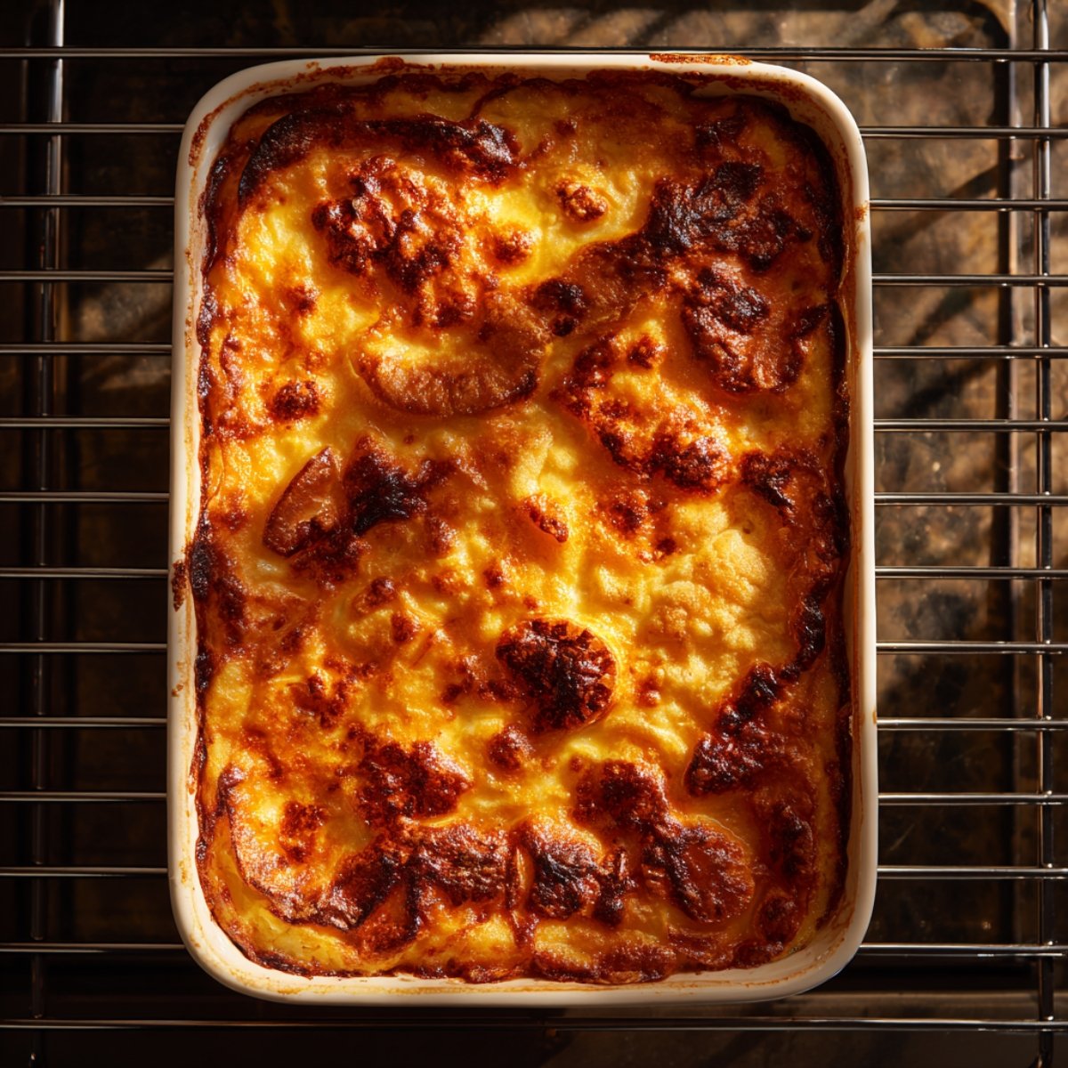 An overhead view of a light rectangular casserole dish fresh from the oven, its surface puffed and caramelized to a deep golden‑brown with crisped edges, resting on a white cooling rack.
