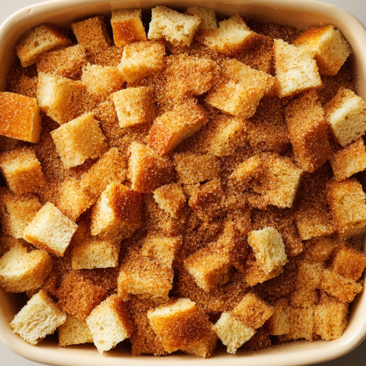 A bright, top‑down shot of the filled French toast casserole pan before baking: cubed bread pieces evenly coated in glossy custard and topped with a dusting of brown sugar.