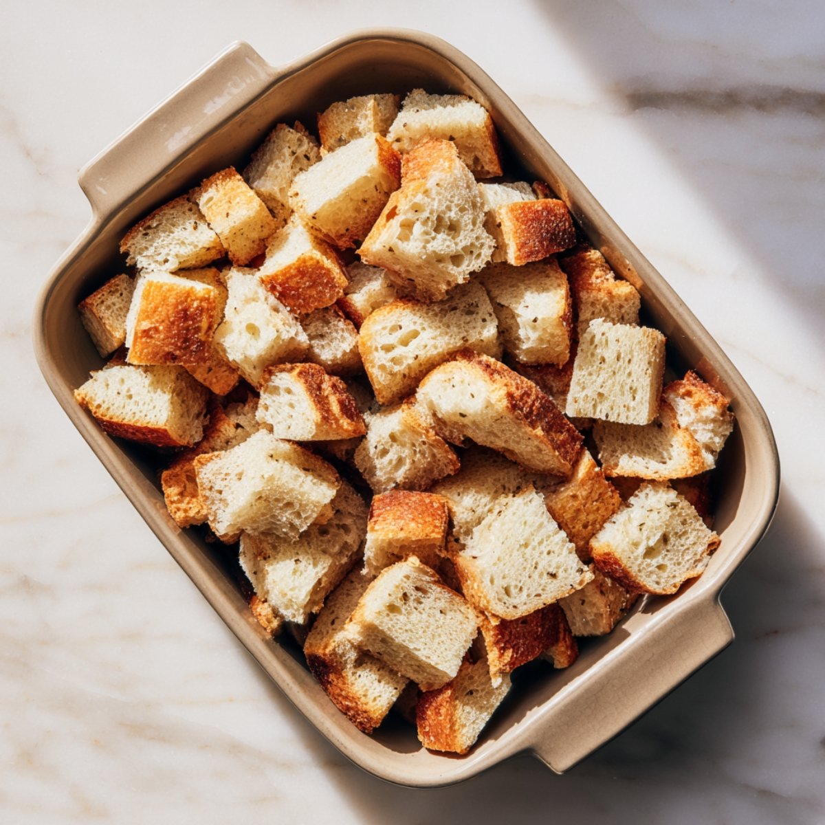 A flat‑lay of the same baking dish showing cubed bread tossed with brown sugar, the sugar granules clinging to the bread, all set against a neutral countertop.