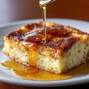A close, angled shot of a single square of French toast casserole on a white plate, golden‑brown on top with a soft, custardy interior, as a thin stream of maple syrup pours down and pools around the base.