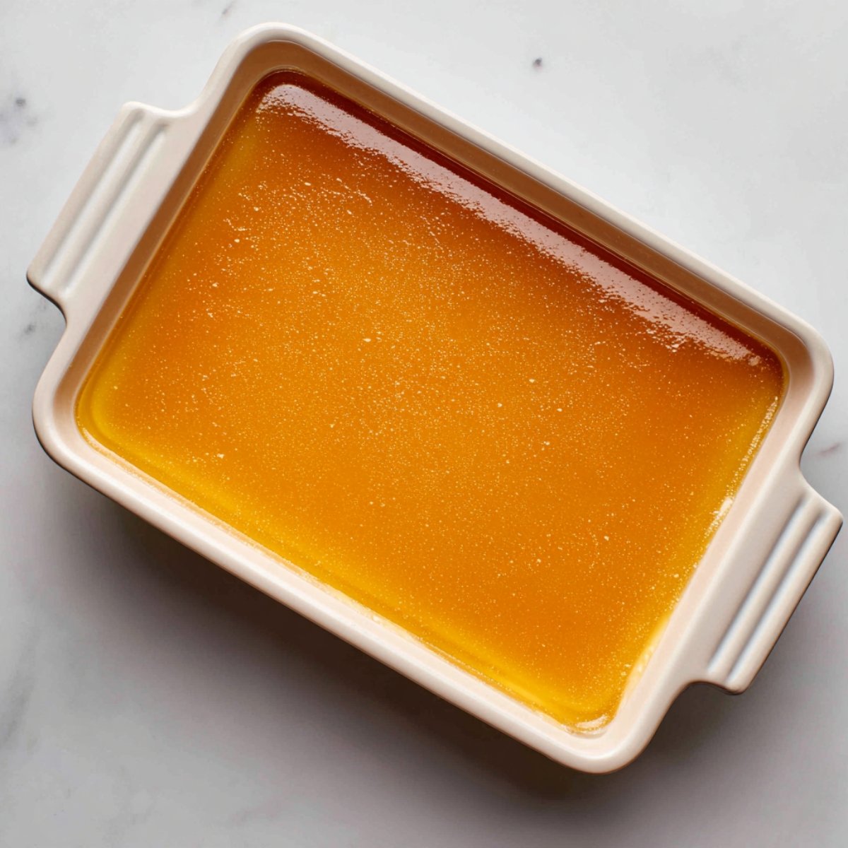A top‑down shot of a light rectangular baking dish filled with smooth, amber‑colored custard, its surface glossy and undisturbed, sitting on a marble countertop.