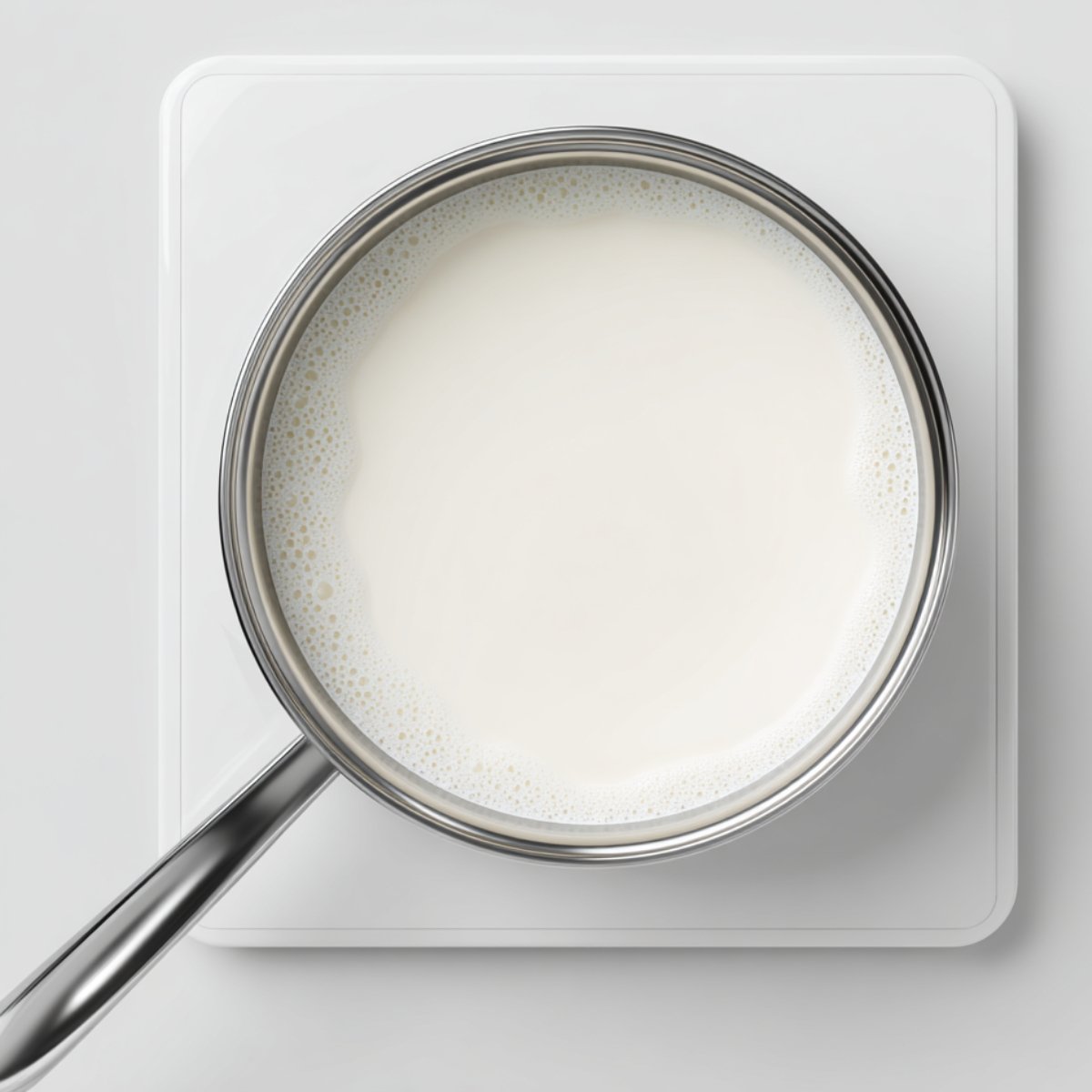 Overhead view of a stainless‑steel saucepan on a white induction cooktop, filled with plain whole milk heating steadily, the surface smooth and lightly steaming.