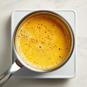 Top‑down shot of a clear glass bowl on a white speckled countertop, containing freshly grated turmeric root mashed into a vivid orange paste with a stainless‑steel spoon inside.