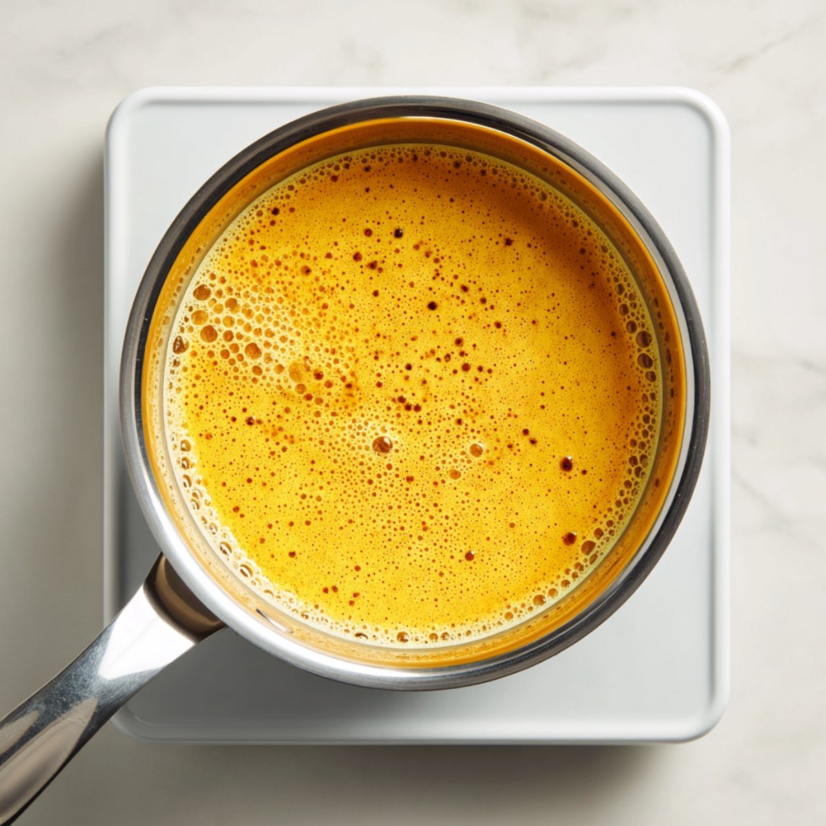 Top‑down shot of a clear glass bowl on a white speckled countertop, containing freshly grated turmeric root mashed into a vivid orange paste with a stainless‑steel spoon inside.