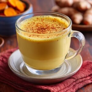 A clear glass mug on a white coaster filled with bright golden turmeric milk, lightly dusted with ground turmeric; in the background on a red‑wood table, a small bowl holds sliced fresh turmeric root.
