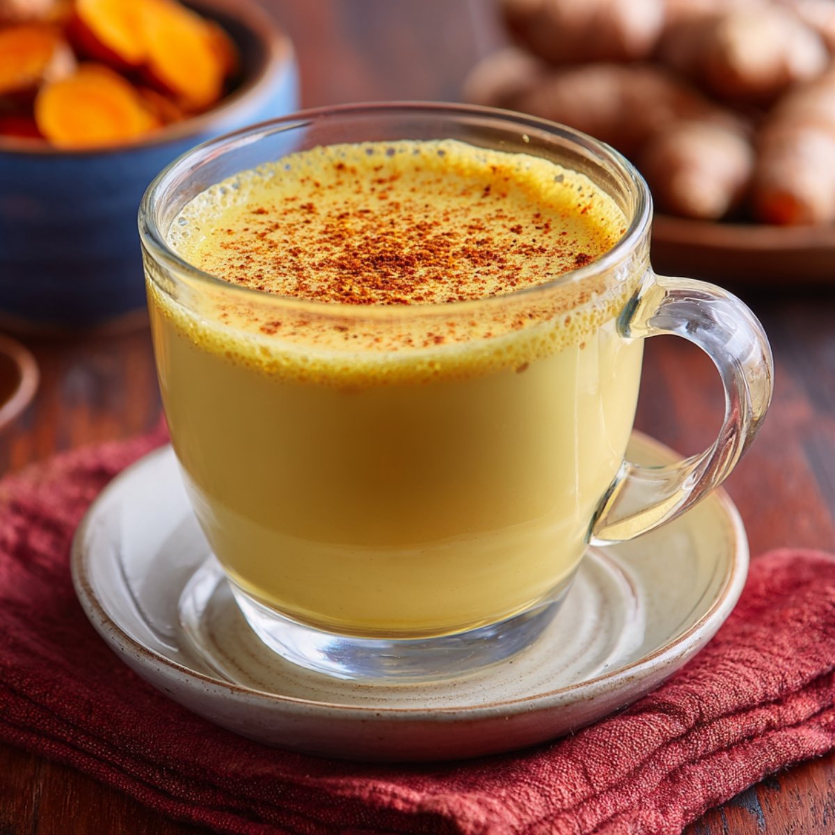 A clear glass mug on a white coaster filled with bright golden turmeric milk, lightly dusted with ground turmeric; in the background on a red‑wood table, a small bowl holds sliced fresh turmeric root.