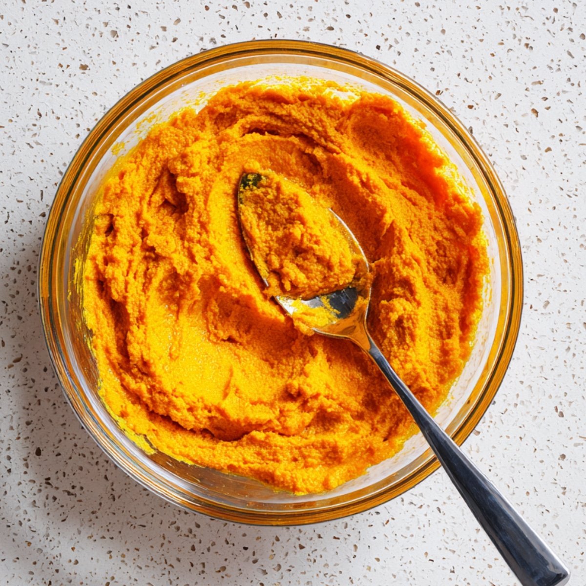Top‑down shot of a stainless‑steel saucepan on a white induction cooktop, containing gently simmering golden-yellow milk with tiny bubbles around the edge; bright, even lighting on a marble countertop.