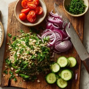 Top‑down shot of a wooden cutting board holding halved cherry tomatoes in a bowl, thinly sliced red onion, diced cucumber, and a pile of roughly chopped parsley, with a chef’s knife at the edge