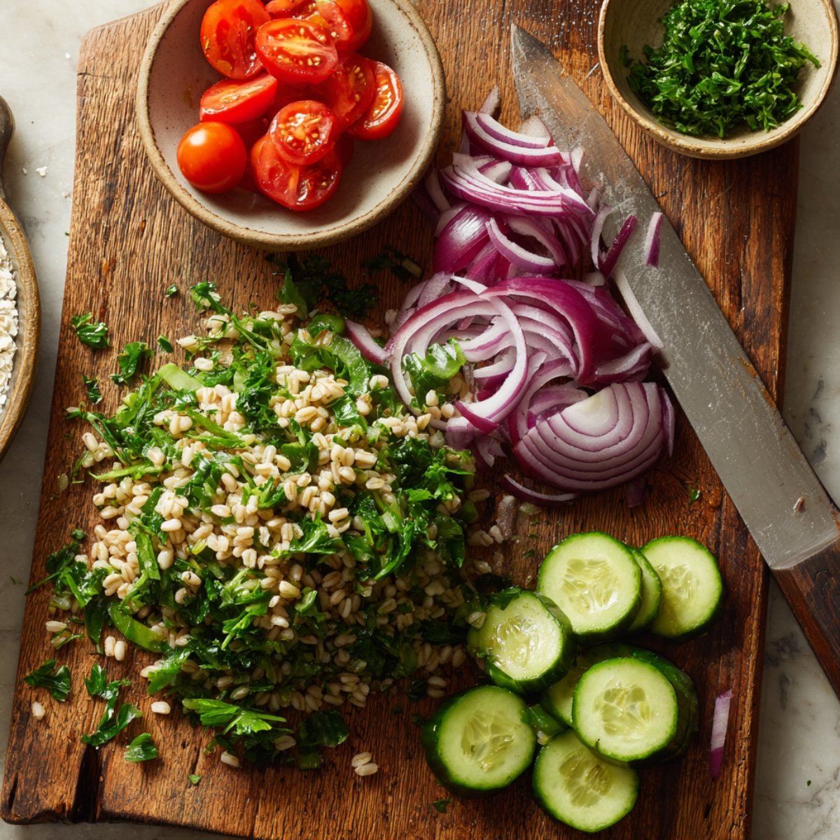 Top‑down shot of a wooden cutting board holding halved cherry tomatoes in a bowl, thinly sliced red onion, diced cucumber, and a pile of roughly chopped parsley, with a chef’s knife at the edge