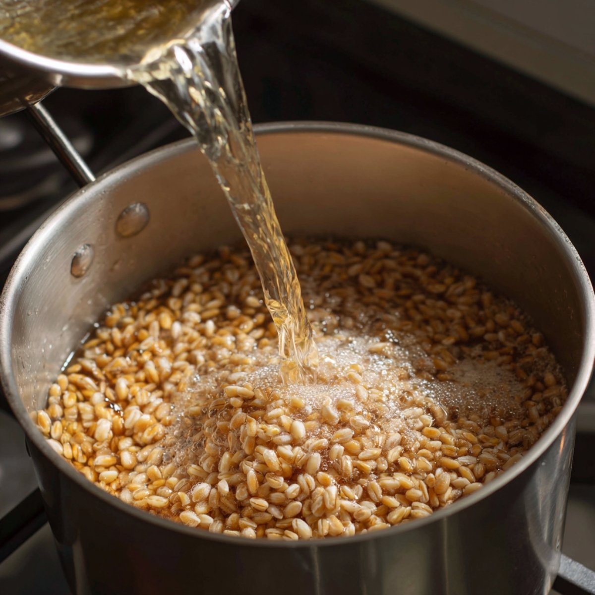 Overhead view of a stainless‑steel pot on a stovetop as boiling water is poured over pearled grains (orzo) inside, creating bubbles and steam around the pasta