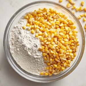 Bright top‑down shot of a glass bowl divided between all‑purpose flour and yellow corn kernels, extra corn kernels scattered nearby on a marble slab.