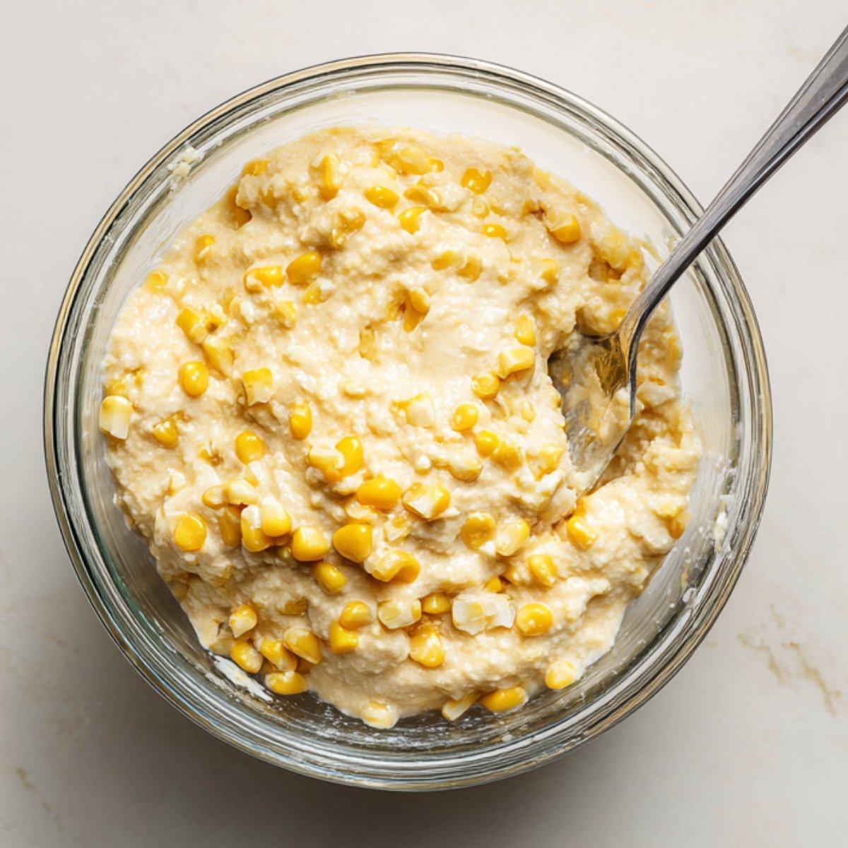 Overhead view of a clear mixing bowl half‑filled with creamy corn fritter batter studded with whole kernels, a silver fork resting inside, on a white marble countertop