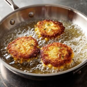 High‑angle image of a stainless‑steel frying pan on a stovetop, three fritters sizzling in bubbling oil with crisp, lacy edges.